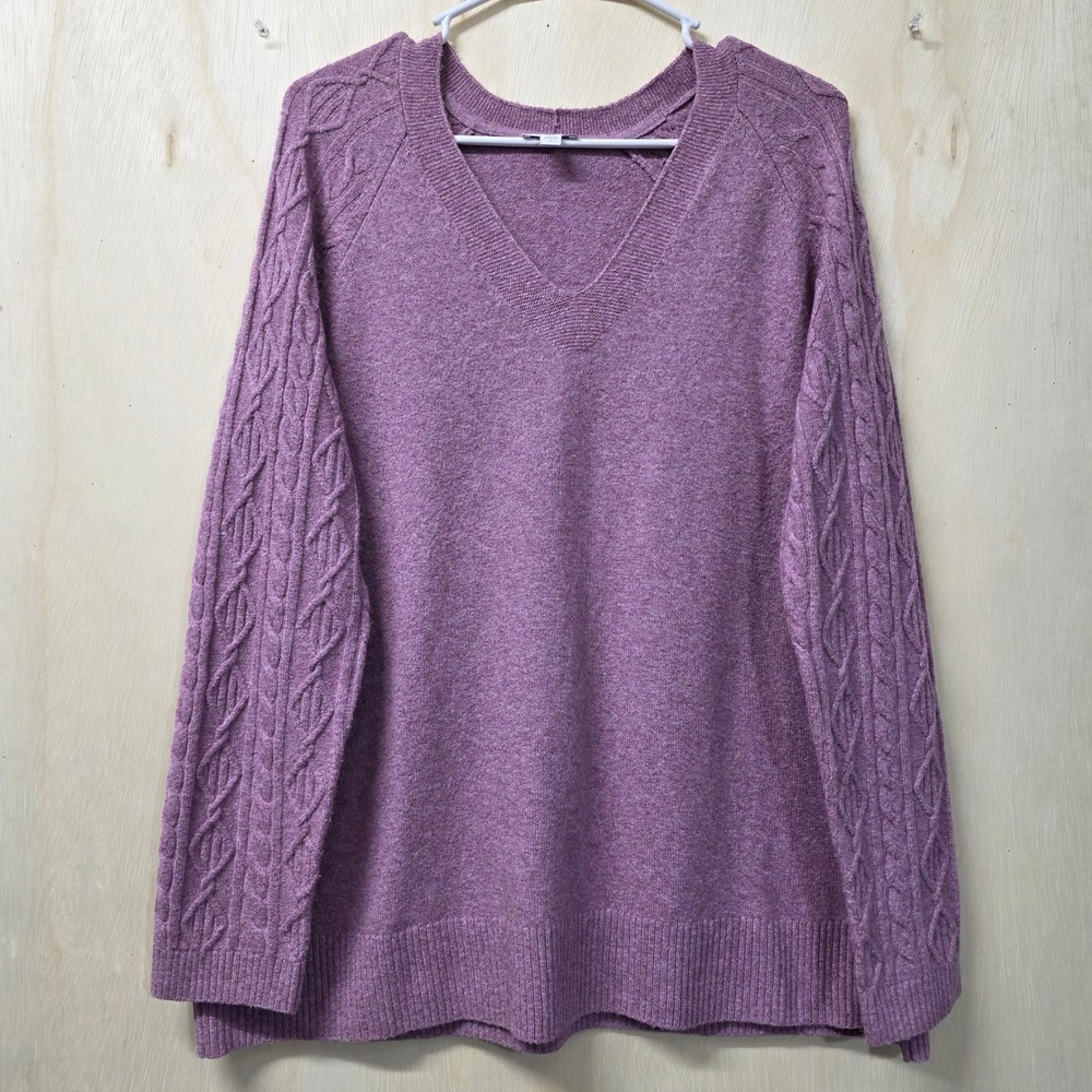 J. Jill Womens Large Purple Cable Knit Sleeve V-Neck Sweater Heathered Orchid